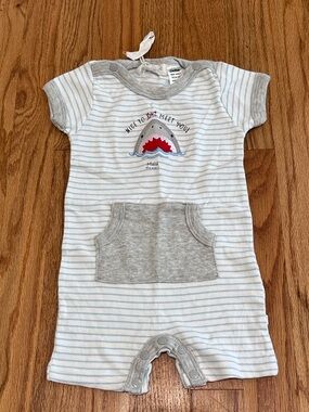 NWT Earth Nymph Striped Baby Romper with Shark Patch - Blue & Gray, 6-12 Months